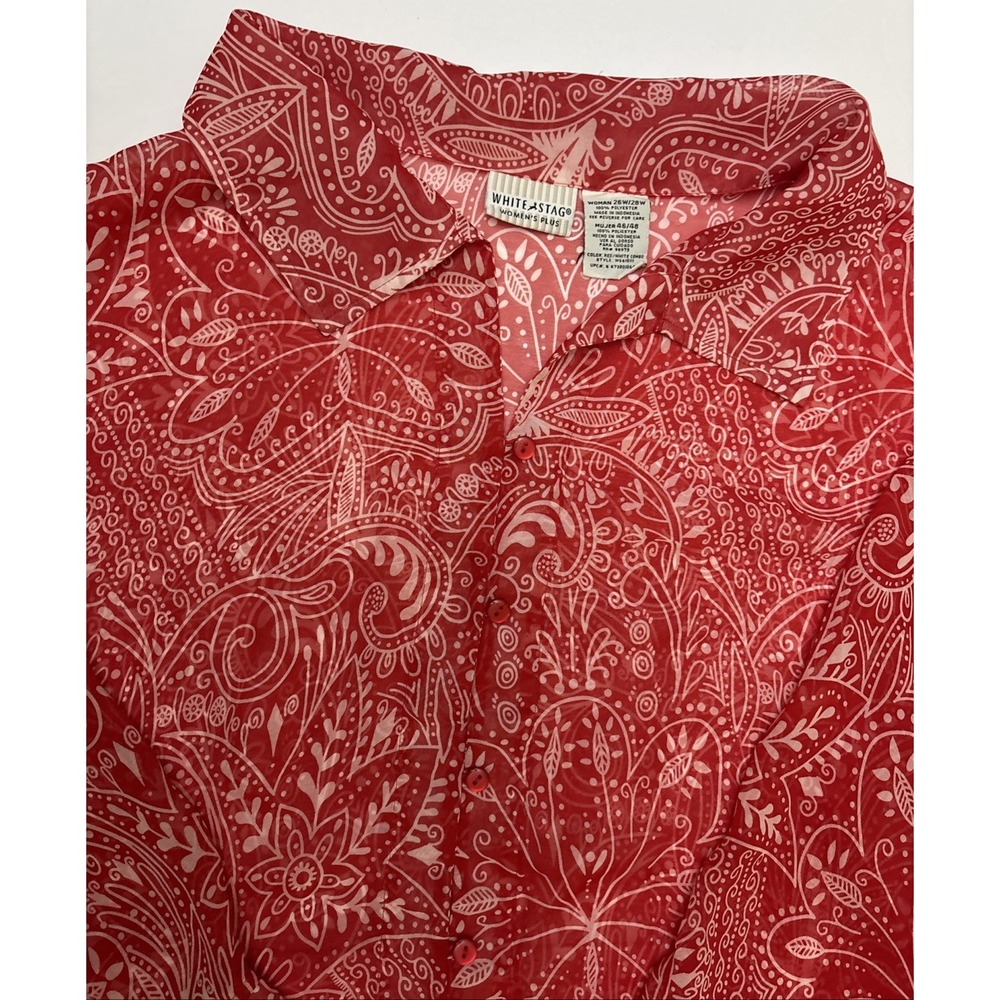 White Stag Womens Plus Red Paisley Sheer Button Up Blouse 26W/28W 67380101-7